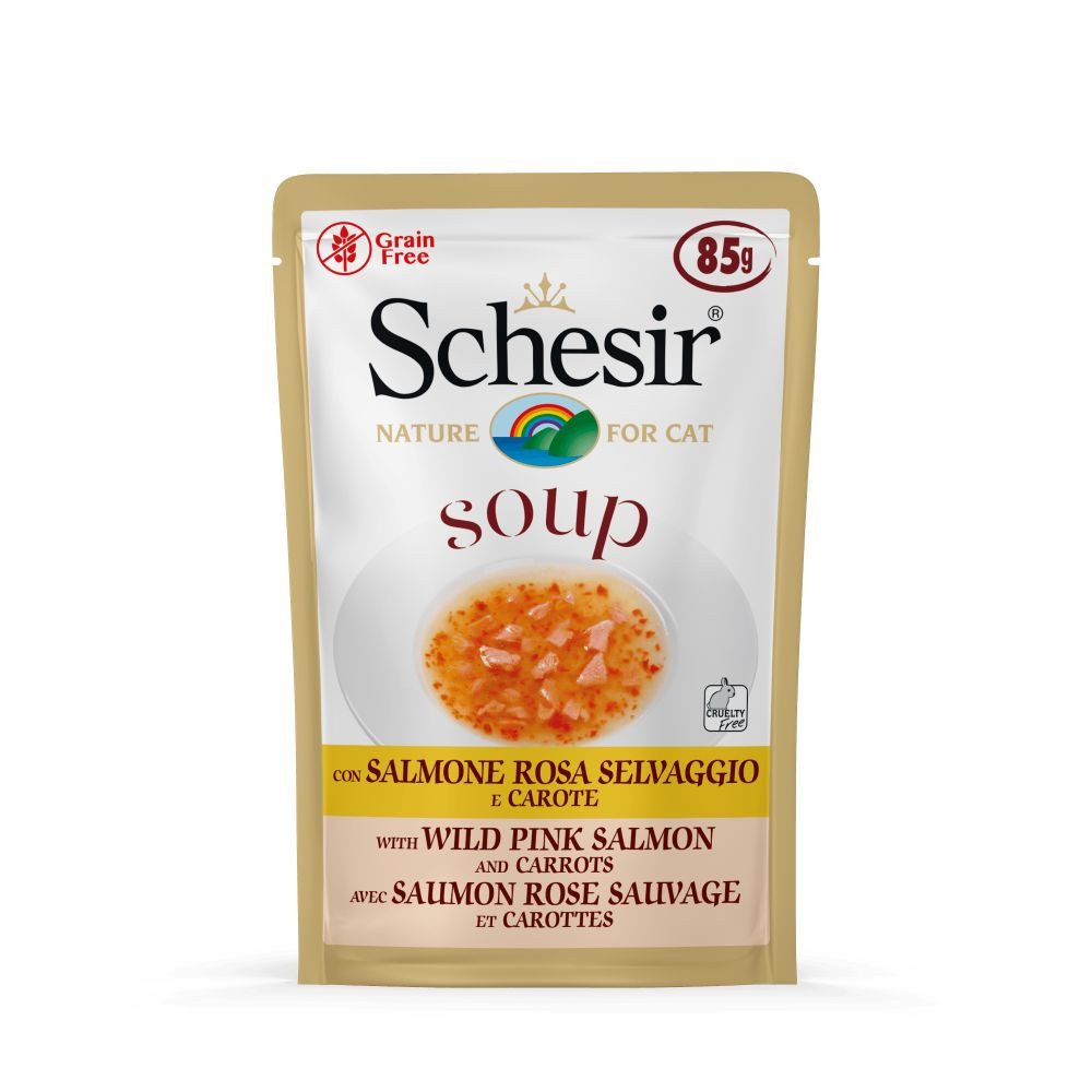 Schesir Cat Soup Wilde roze zalm en wortels