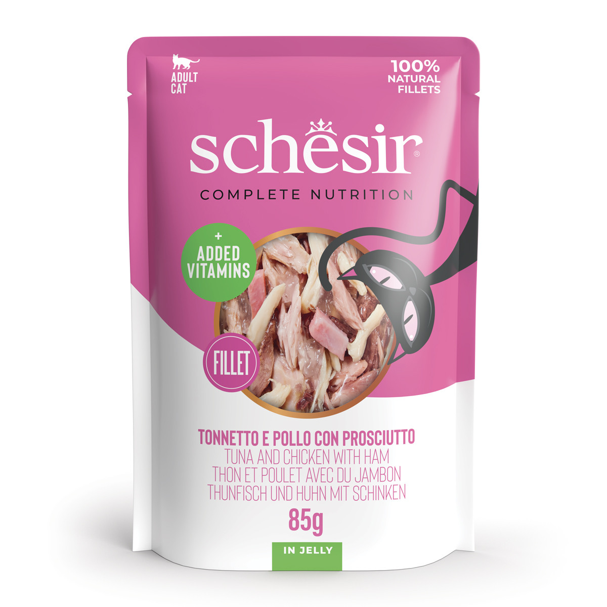 Schesir tonijn, kip met ham (jelly) natvoer kat (zakjes 85 g) Schesir tonijn, kip met ham (jelly) natvoer kat (zakjes 85 g)