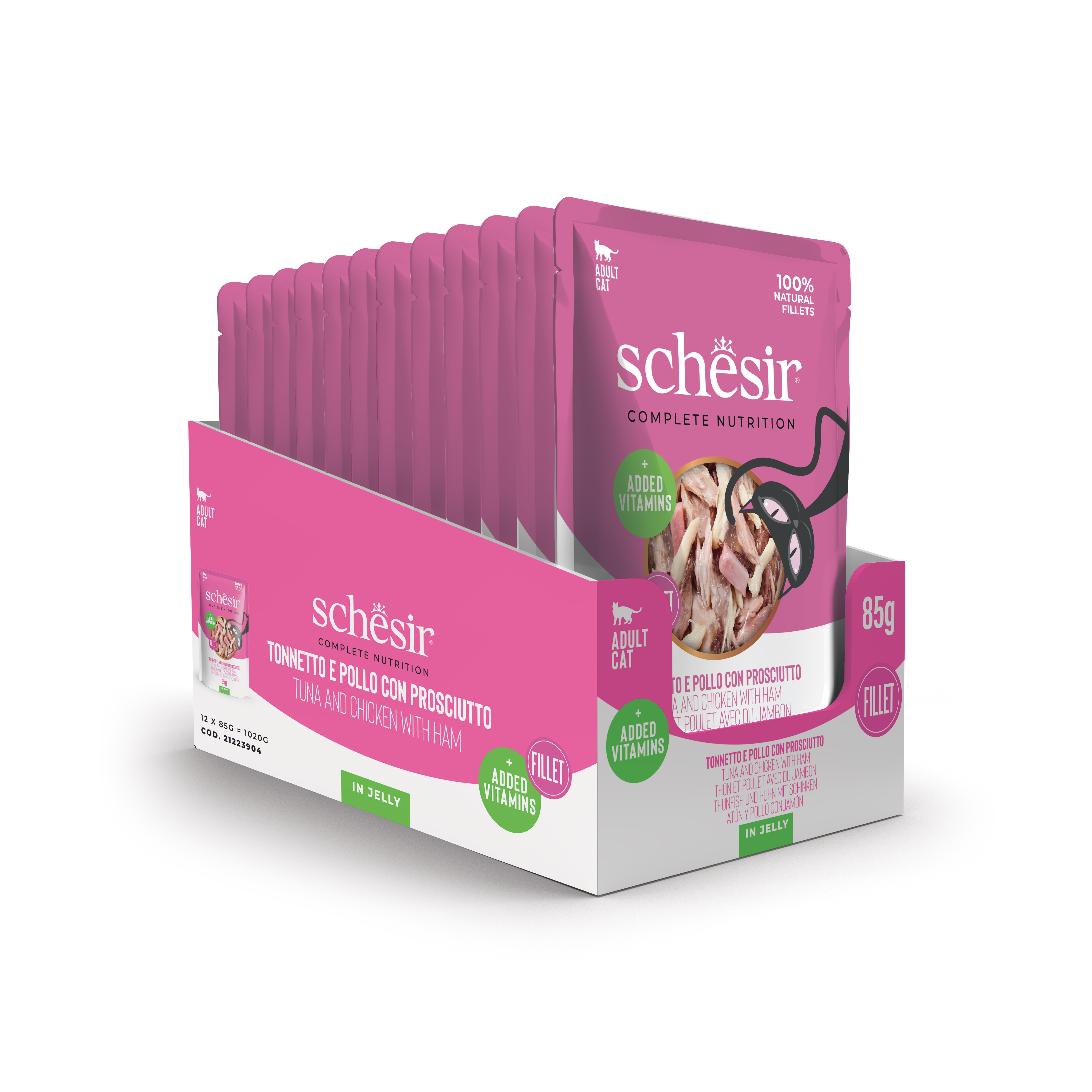 Schesir tonijn, kip met ham (jelly) natvoer kat (zakjes 85 g) Schesir tonijn, kip met ham (jelly) natvoer kat (zakjes 85 g)