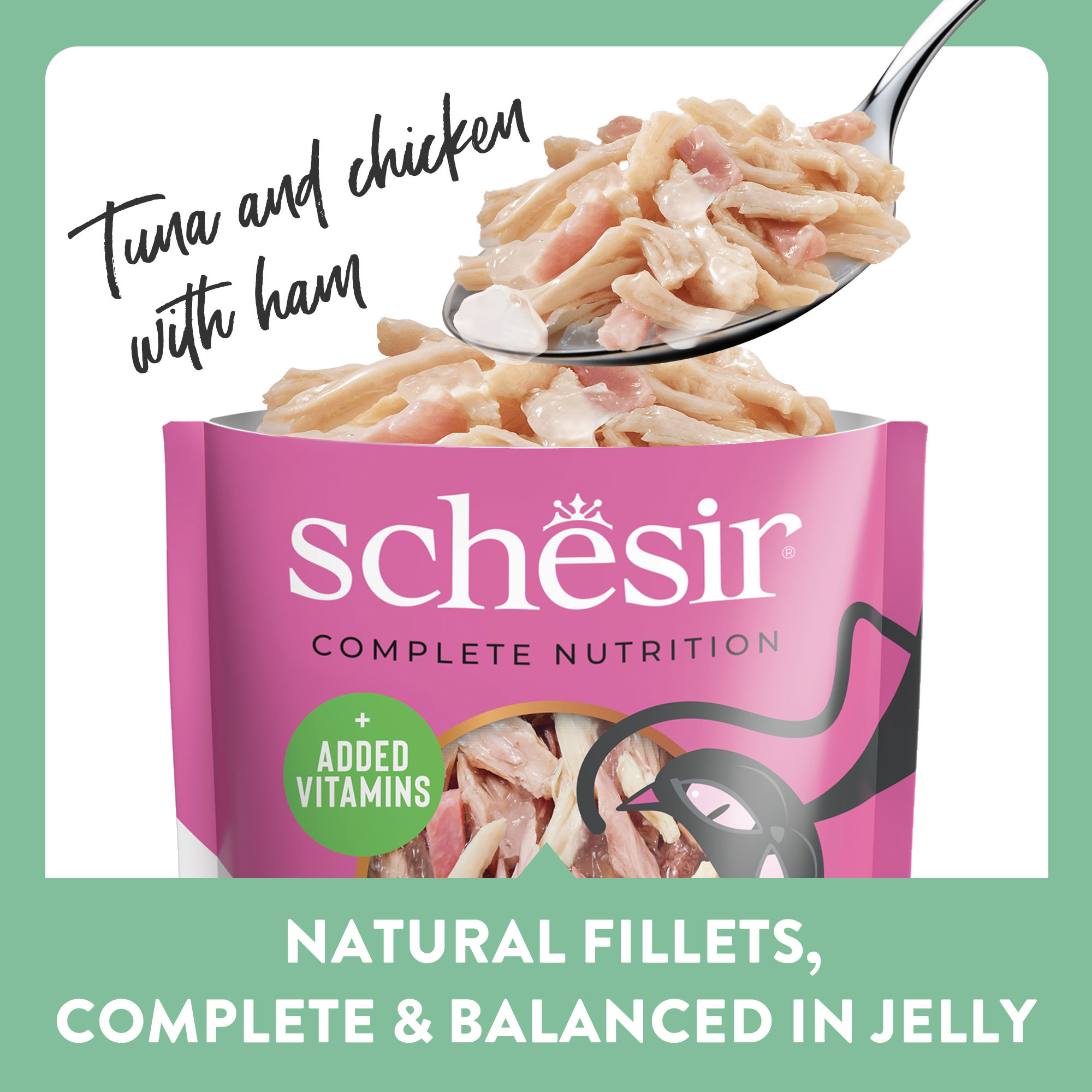 Schesir tonijn, kip met ham (jelly) natvoer kat (zakjes 85 g) Schesir tonijn, kip met ham (jelly) natvoer kat (zakjes 85 g)