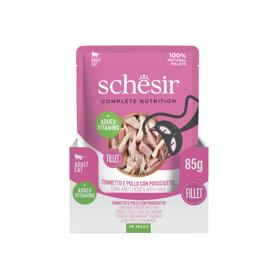 Schesir tonijn, kip met ham (jelly) natvoer kat (zakjes 85 g) Schesir tonijn, kip met ham (jelly) natvoer kat (zakjes 85 g)