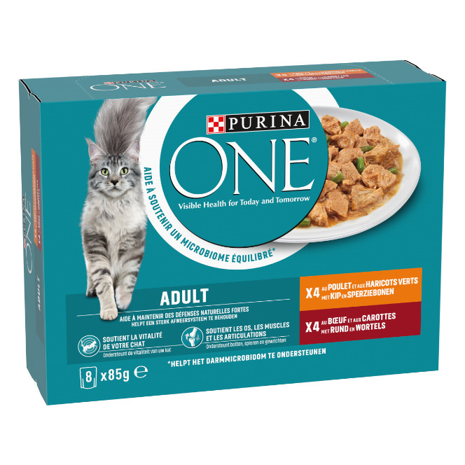 Purina One Adult reepjes in saus met kip en sperziebonen, rund en wortel natvoer kat (8x85g) Purina One Adult reepjes in saus met kip en sperziebonen, rund en wortel natvoer kat (8x85g)