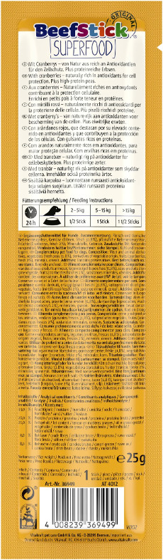 Vitakraft Beefstick Superfood erwten met cranberry hondensnack  (25 g) Vitakraft Beefstick Superfood erwten met cranberry hondensnack  (25 g)