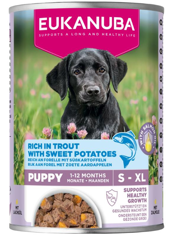 Eukanuba Puppy met forel en zoete aardappel natvoer hond