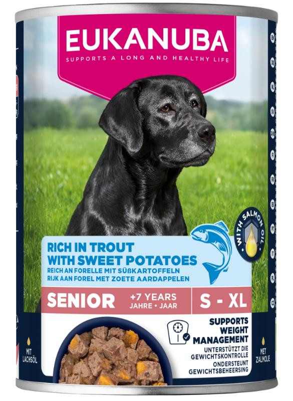 Eukanuba Senior met forel en zoete aardappel natvoer hond