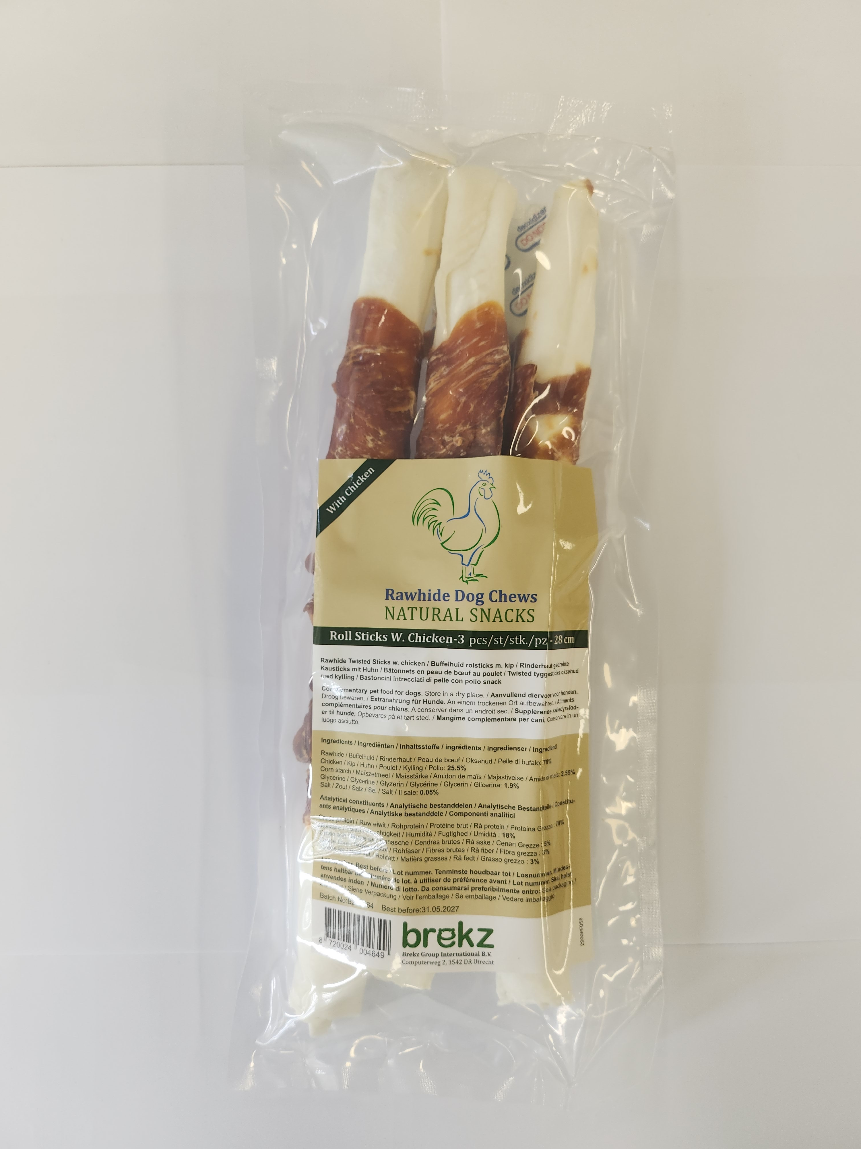 Brekz Rawhide Dog Chews -  Rinderhaut mit Huhn Kaurollen (28 cm)