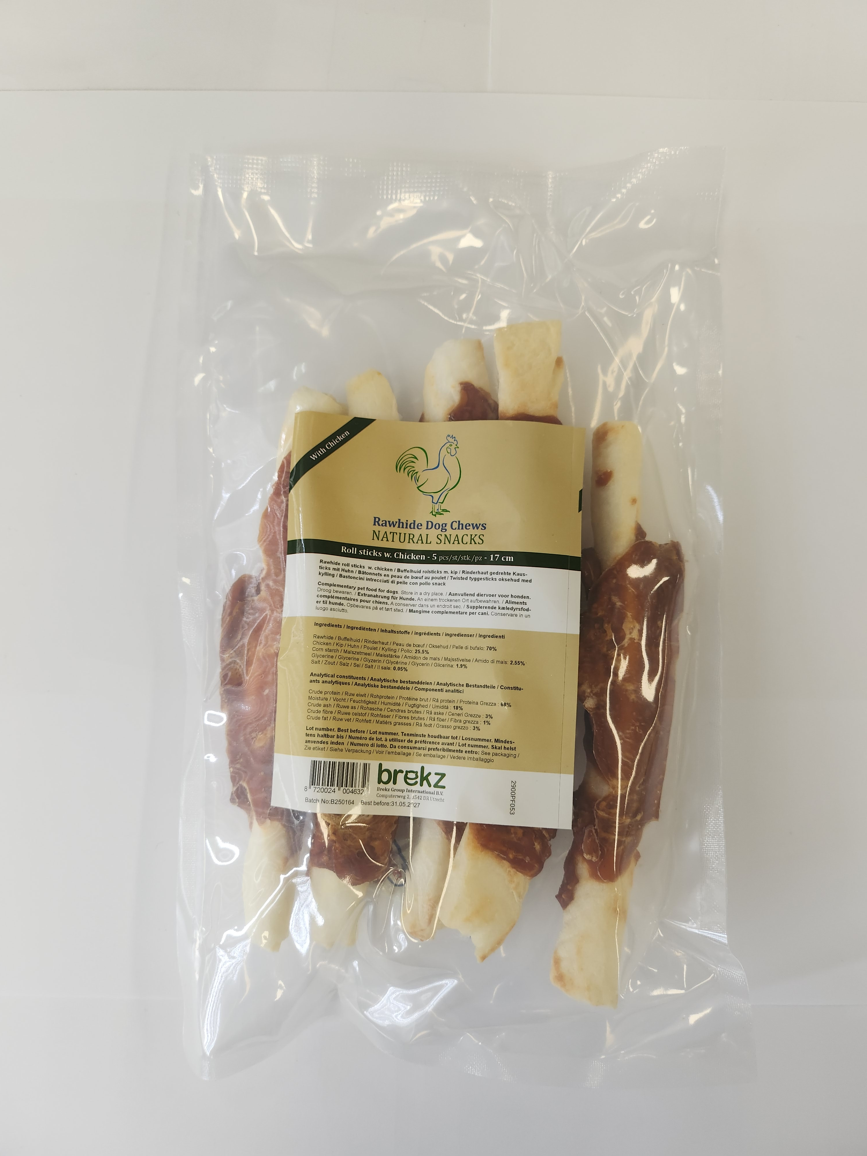Brekz Rawhide Dog Chews - Rinderhaut mit Huhn Kaurollen (17 cm)