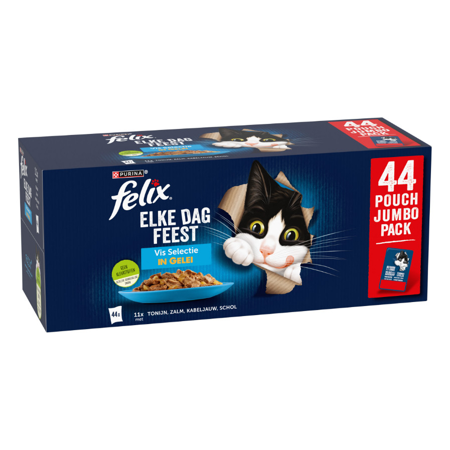 Felix Elke Dag Feest Vis Selectie in gelei met tonijn, zalm, kabeljauw, schol natvoer kat (jumbopack)