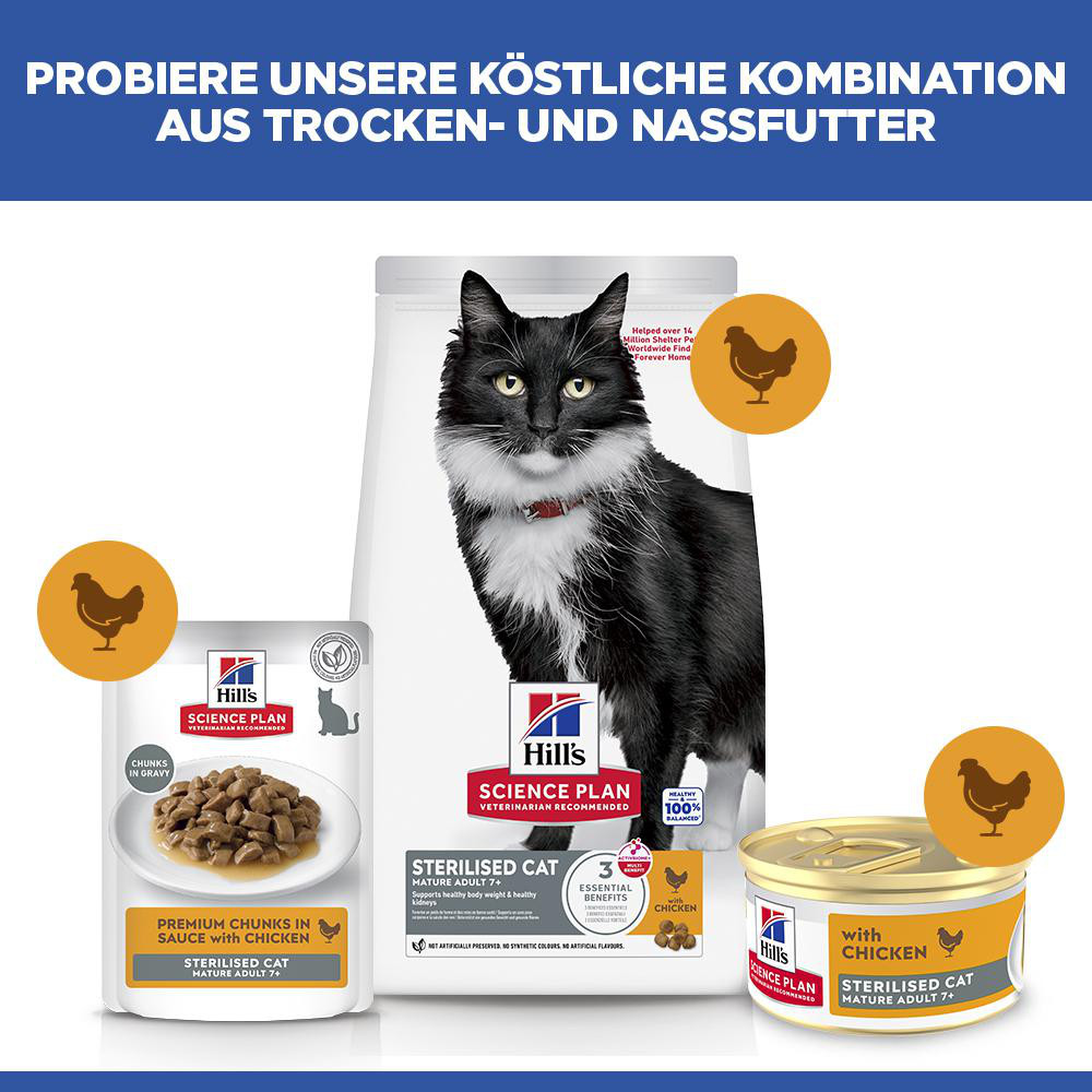 Hill's Mature Adult Sterilised Cat mit Huhn Katzen-Nassfutter (Mousse, Dose)